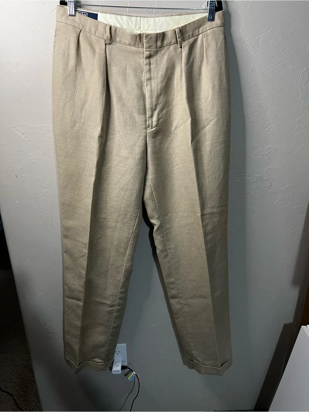 Polo Ralph Lauren Linen Cotton Pleated Cuffed Pants Beige Khaki Preppy Resort
